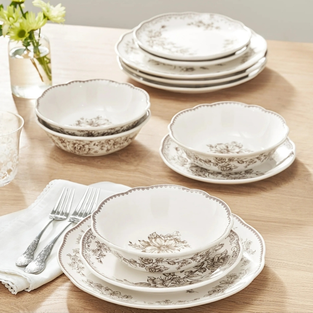 💕 2025 The Pioneer Woman Elegant Agatha Cream and Brown Dinnerware Set